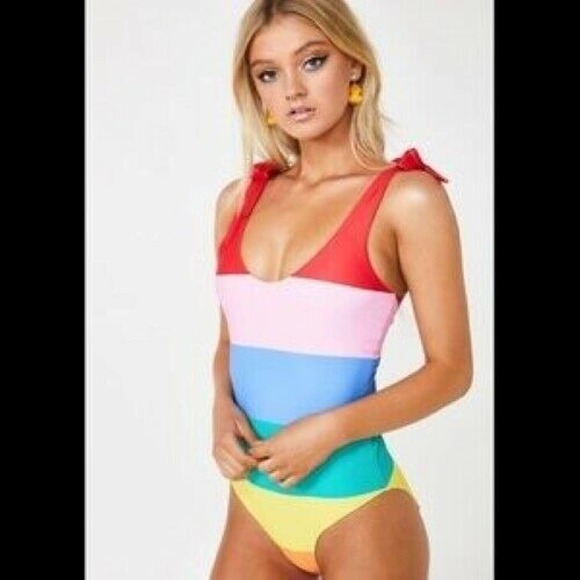 Lazy Oaf Other - Lazy Oaf Womens One Piece Swimsuit Multicolor Stripe Deep V Neck Tie Boring 12